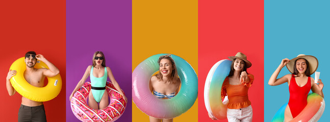 Set of people with inflatable rings on color background