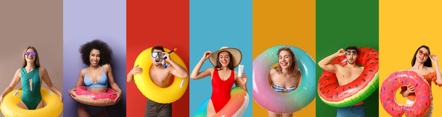 Set of many people with inflatable rings on color background
