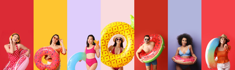 Set of people with inflatable rings on color background