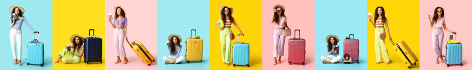 Collage of African-American woman with suitcase on color background. Travel concept