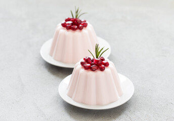 Vegan dessert. Pomegranate Cream pudding.  On a plate. Close-up