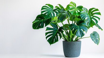 A vibrant monstera plant with large green leaves sits in a modern grey pot on a white background