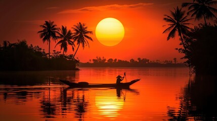 Silhouette of boat and fisherman in backwaters at palms and big orange sun background
