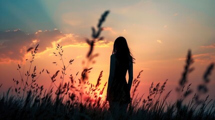 Silhouette of woman standing on the meadow during summer sunset.