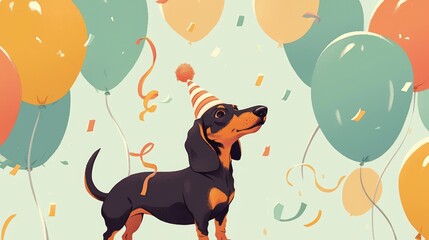 A charming birthday celebration featuring a dachshund sausage dog in a party hat surrounded by balloons is depicted in this adorable kawaii style greeting card with a whimsical hand drawn il