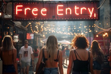 Young women entering outdoor festival with neon free entry sign