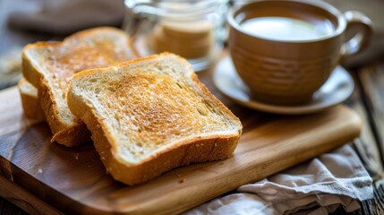 A stack of toast sits on a white plate next to a cup of orange juice