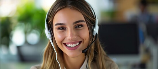 Smiling telemarketing operator giving a consultation concerning the product