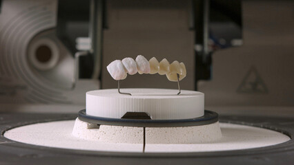 A dental technician is producing e-max and zirconium veneers. Glass-ceramic porcelains used for dental porcelain veneer treatment in dentistry. Laminate veneers and crown veneers.