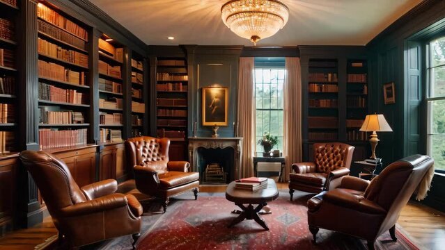 A Cozy Meeting in a Classic Home Library With Leather Chairs at Sunset