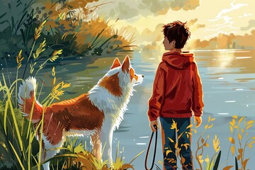 A boy and his dog are walking by a body of water - Powered by Adobe