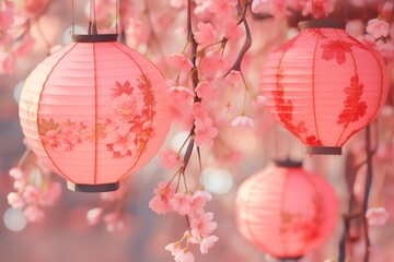 Obraz premium Pink lanterns hanging from a tree with pink blossoms