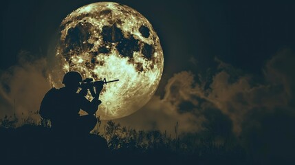 soldier against the backdrop of the full moon. military war with gun weapon participating