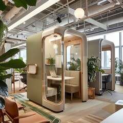 The image shows a modern office space with several phone booths for private phone calls.