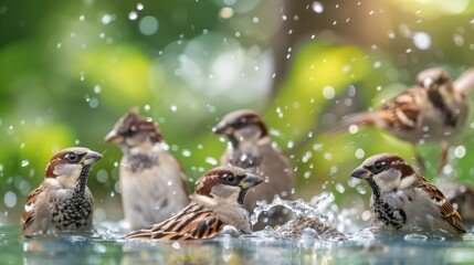 Sparrows bathe in the water of a bird watering hole.