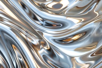 Abstract Liquid Chrome Texture Background with Metallic Fluid Waves, Shiny Smooth Reflective Design, 3D Render