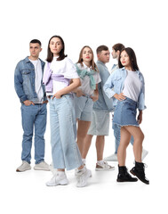 Group of stylish young people on white background