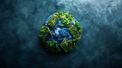Fototapeta premium A green recycling symbol is made up of three arrows. The arrows are broken and the symbol is on a blue background