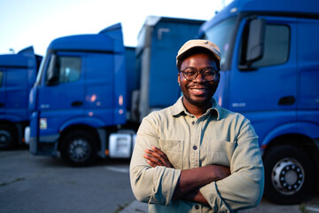 Portrait of smiling driver standing in front of his trucks at parking lot.