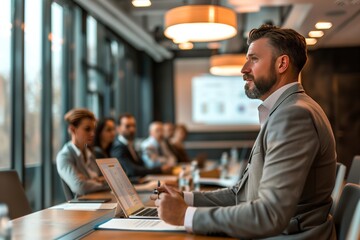 Fototapeta premium Focused Employee Presentation in Well-Lit Boardroom