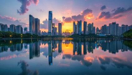 Obraz premium City Skyline with Modern Buildings at Sunset, Reflection on Water, Urban Landscape and Colorful Sky