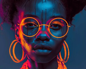 female neon face, hot pink eyes, orange neck rings, in the style of afrofuturism, poster art, depictions of urban life, dark cyan and orange, 32K