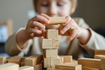 Child Playing with Wooden Blocks, Building a Tower with Focus and Creativity, Early Education and Development