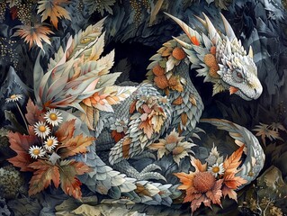 Obraz premium A female dragon made of autumn leaves and daisies, with intricate patterns on her wings, elegant scales, mysterious gaze
