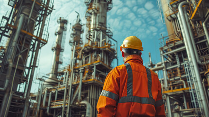 A man in a hard hat stands on a platform overlooking a large industrial plant. The sky is cloudy and the sun is setting, casting a warm glow over the scene
