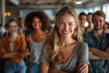 Happy woman with friends in the background