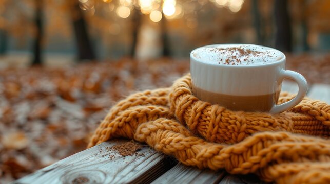autumn vibes enjoy a pumpkin spice latte and a cozy scarf on a rustic wooden bench in a forest setting perfect for fall-themed background with space for text