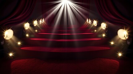 Dramatic red carpet entrance on stairway under spotlights, glory and success