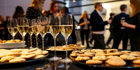 Luxurious social gathering event with champagne and delicious cookies, business people networking