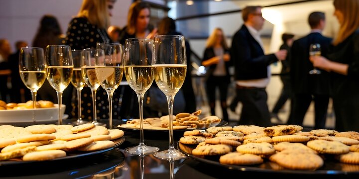 Luxurious social gathering event with champagne and delicious cookies, business people networking