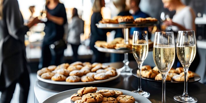 Luxurious social gathering event with champagne and delicious cookies, business people networking
