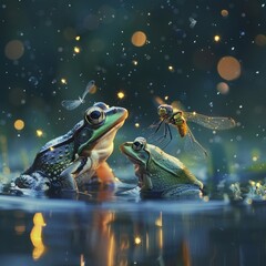 Frog and dragonfly having a discussion on pond Appropriate bokeh Tiny dancing fireflies in V formation