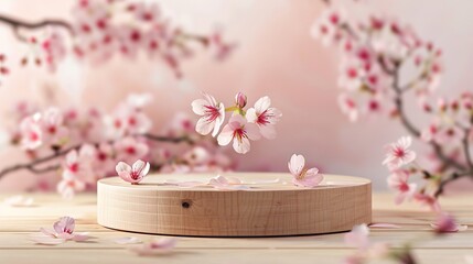 Wooden product podium with cherry blossom flowers on wooden background. Spring mockup template display, Round podium for cosmetic beauty product with cherry blossom flowers, generative ai