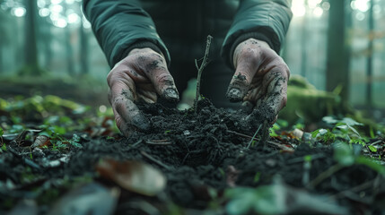 Obraz premium A person is holding a small plant in their hands. The plant is surrounded by dirt and leaves. Concept of nurturing and growth, as the person is taking care of the plant and helping it to grow