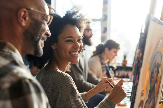 Diverse art class group with people from different cultures painting together - Powered by Adobe
