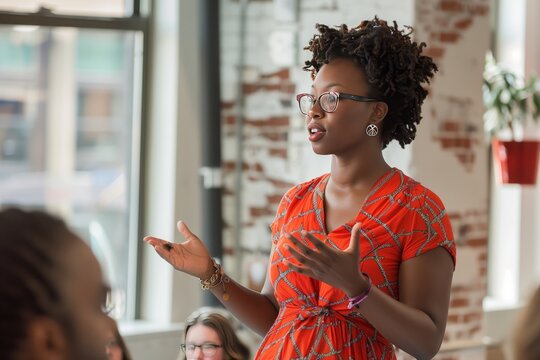 'Business Meeting Presentation by African American Woman'