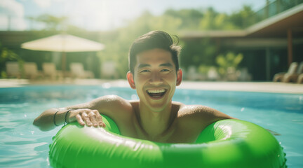 Portrait of happy young asian man in a green rubber swimming pool ring on at hotel club swimming pool during summer vacation in asia