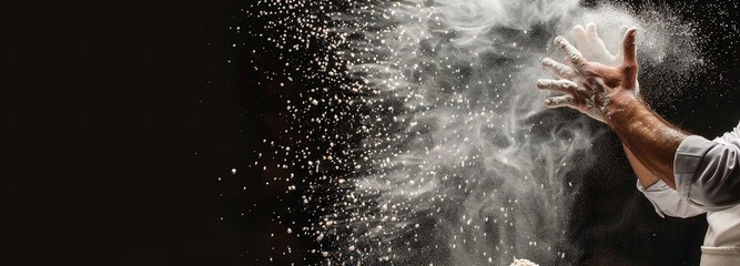 Clap hands of baker throws a handful of white wheat flour on a black background, the particles fly in different directions. Banner for advertisement with long copy space, black background