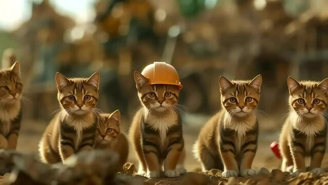 Adorable cats construction worker crew, cute feline builders on site, timelapse, seamless loop