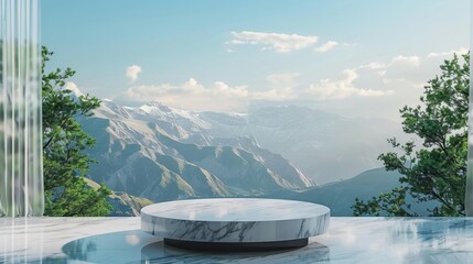 Marble Podium with a view of the mountains with trees. The front showcase with a stage for products. A pedestal for the presentation of goods, generative ai