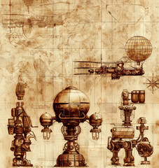 Steampunk illustration with Victorian elements, robots, flying machines, hot air balloons, and maps in sepia tones.