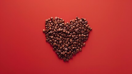 Heart shape made of coffee beans on redbackground. Flat lay. Symbol of Love to coffee, Roasted coffee beans arranged into shape of heart, generative ai