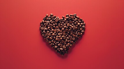 Heart shape made of coffee beans on redbackground. Flat lay. Symbol of Love to coffee, Roasted coffee beans arranged into shape of heart, generative ai