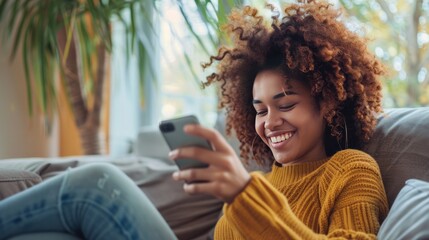 Happy beautiful woman checking social media holding smartphone sitting on a sofa at home. Smiling young woman using mobile phone app playing game, shopping online, ordering delivery, generative ai