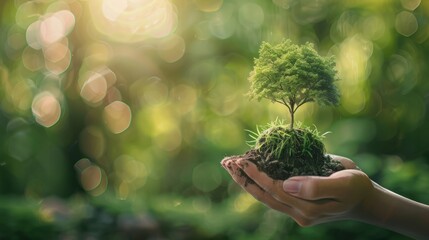 hand holding small tree for planting. concept green world earth day, generative ai