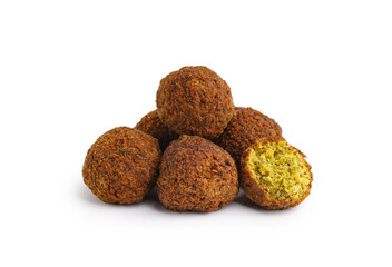 Heap of tasty falafel balls on white background